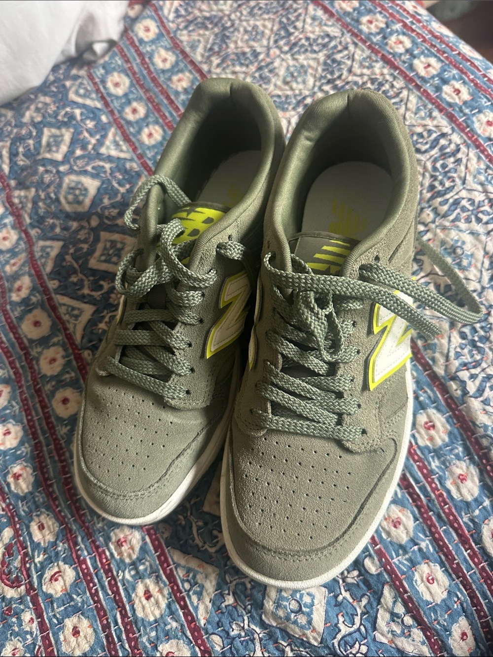New Balance Olive Green Sneakers with Neon Yellow Logo